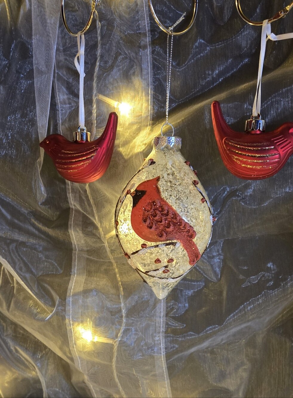 Pier 1 Red Cardinal Glass Teardrop Ornament with Glitter Plus 2 More
